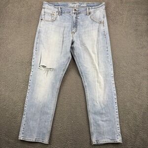 Wrangler Retro Mens Slim Straight Light Wash Distressed Blue Jeans 34x30